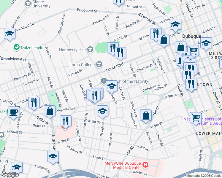 map of restaurants, bars, coffee shops, grocery stores, and more near 1090 Alta Vista Street in Dubuque