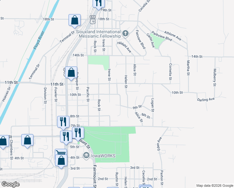 map of restaurants, bars, coffee shops, grocery stores, and more near 2899 10th St in Sioux City