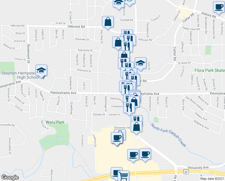 map of restaurants, bars, coffee shops, grocery stores, and more near 3455 Pennsylvania Avenue in Dubuque