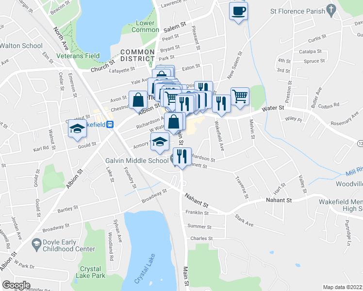 map of restaurants, bars, coffee shops, grocery stores, and more near 489 Main Street in Wakefield