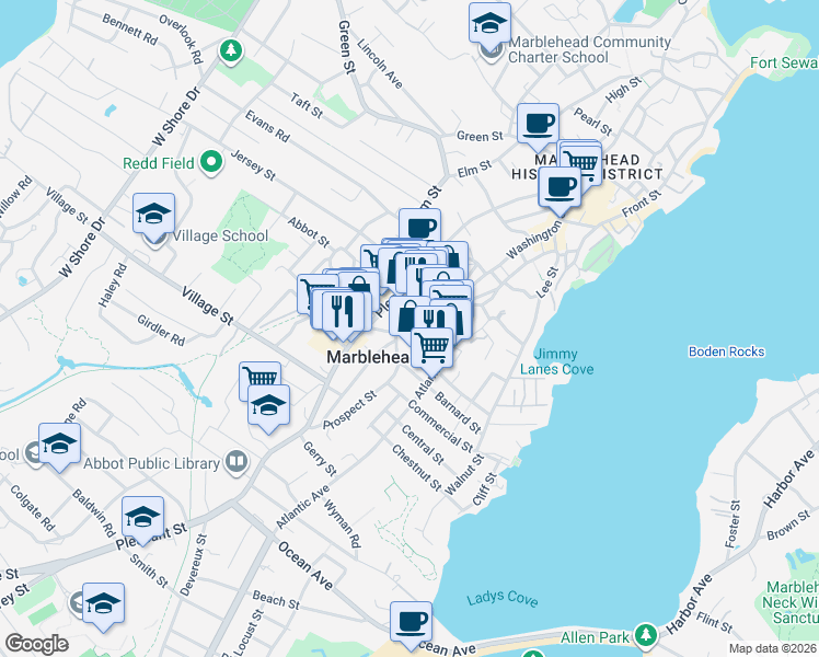 map of restaurants, bars, coffee shops, grocery stores, and more near 274 Washington Street in Marblehead