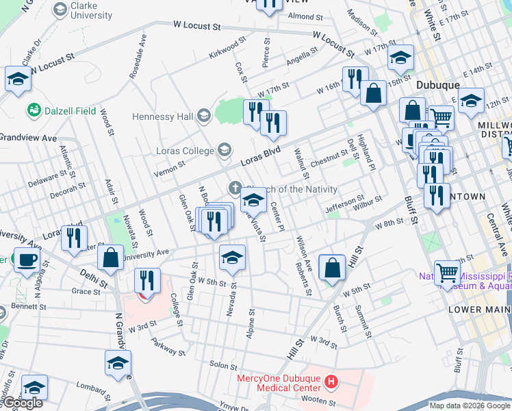 map of restaurants, bars, coffee shops, grocery stores, and more near 1090 Alta Vista Street in Dubuque