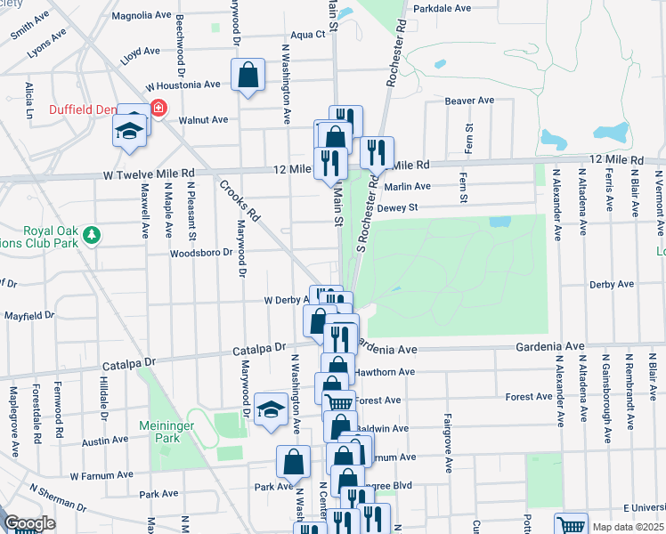 map of restaurants, bars, coffee shops, grocery stores, and more near 1317 North Main Street in Royal Oak