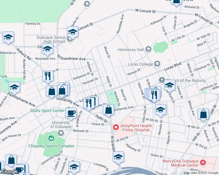 map of restaurants, bars, coffee shops, grocery stores, and more near 1475 Adair Street in Dubuque