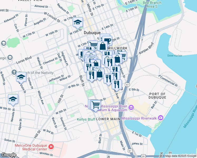 map of restaurants, bars, coffee shops, grocery stores, and more near in Dubuque