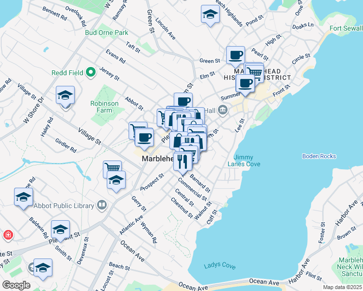 map of restaurants, bars, coffee shops, grocery stores, and more near 7 Atlantic Avenue in Marblehead