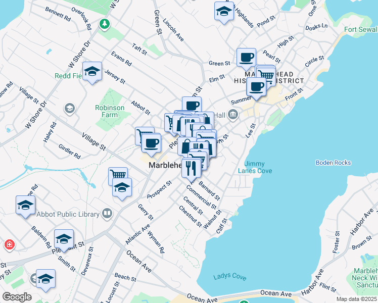 map of restaurants, bars, coffee shops, grocery stores, and more near 7 Atlantic Avenue in Marblehead