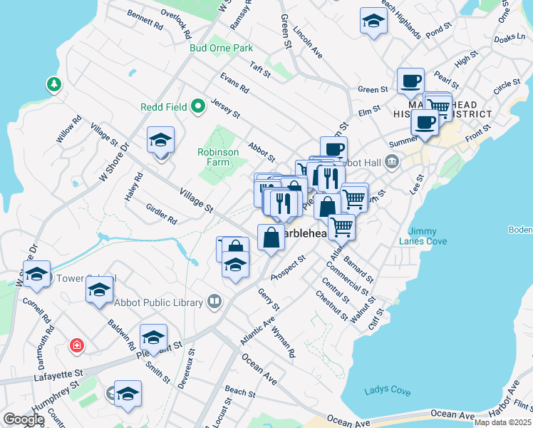 map of restaurants, bars, coffee shops, grocery stores, and more near 30 Bessom Street in Marblehead