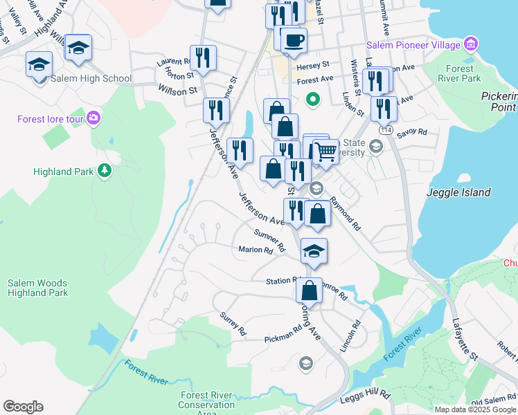 map of restaurants, bars, coffee shops, grocery stores, and more near 14 Adams Street in Salem