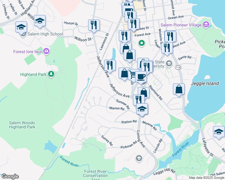 map of restaurants, bars, coffee shops, grocery stores, and more near 336 Jefferson Avenue in Salem
