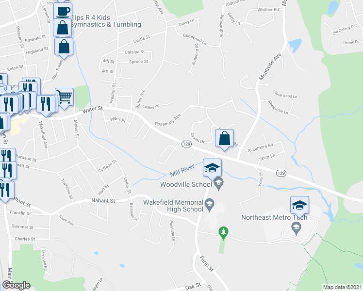 map of restaurants, bars, coffee shops, grocery stores, and more near 371 Water Street in Wakefield