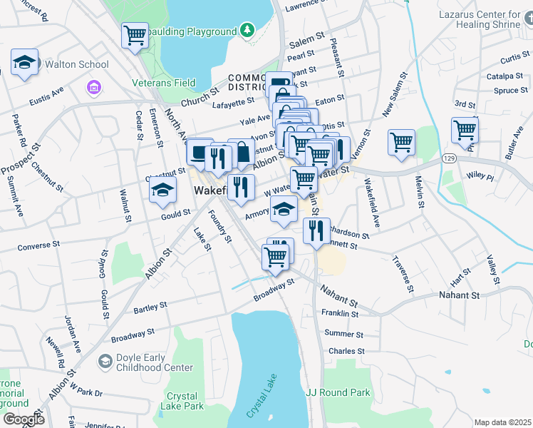 map of restaurants, bars, coffee shops, grocery stores, and more near 24 Armory Street in Wakefield