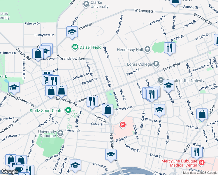 map of restaurants, bars, coffee shops, grocery stores, and more near 1475 Adair Street in Dubuque