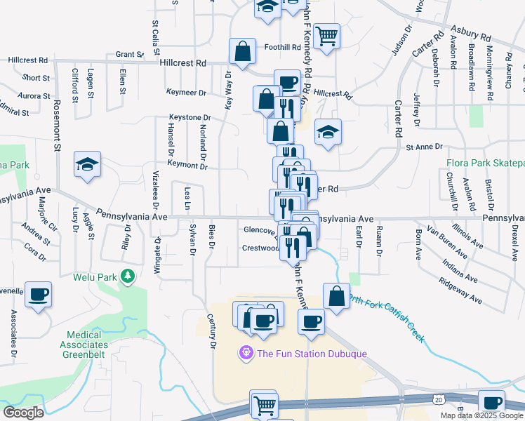 map of restaurants, bars, coffee shops, grocery stores, and more near 1722 Hamblin Court in Dubuque