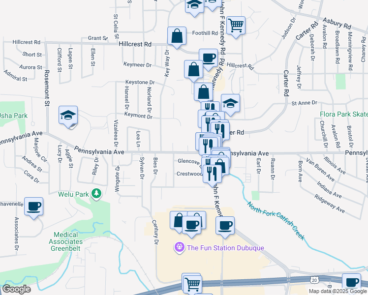 map of restaurants, bars, coffee shops, grocery stores, and more near 1710 Westridge Court in Dubuque