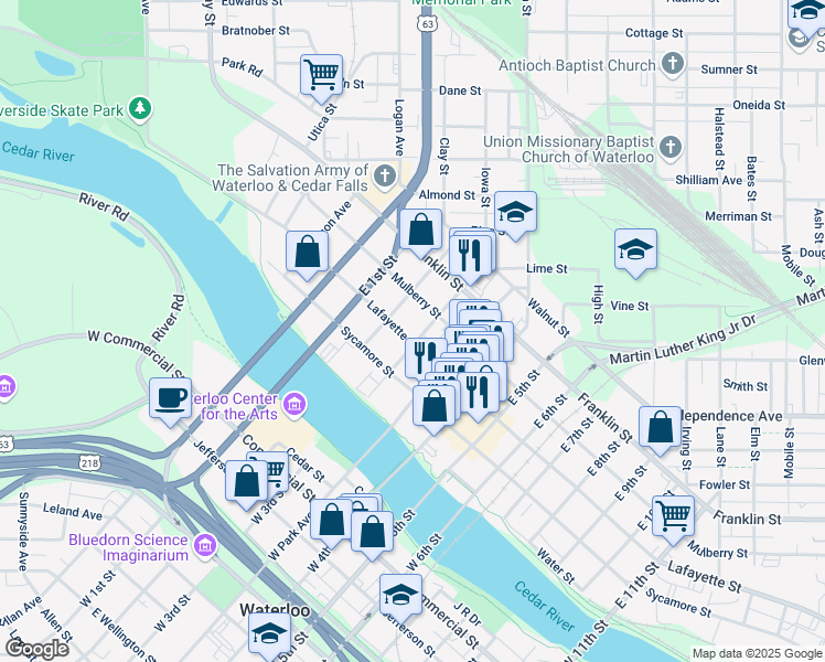 map of restaurants, bars, coffee shops, grocery stores, and more near 311 East 3rd Street in Waterloo