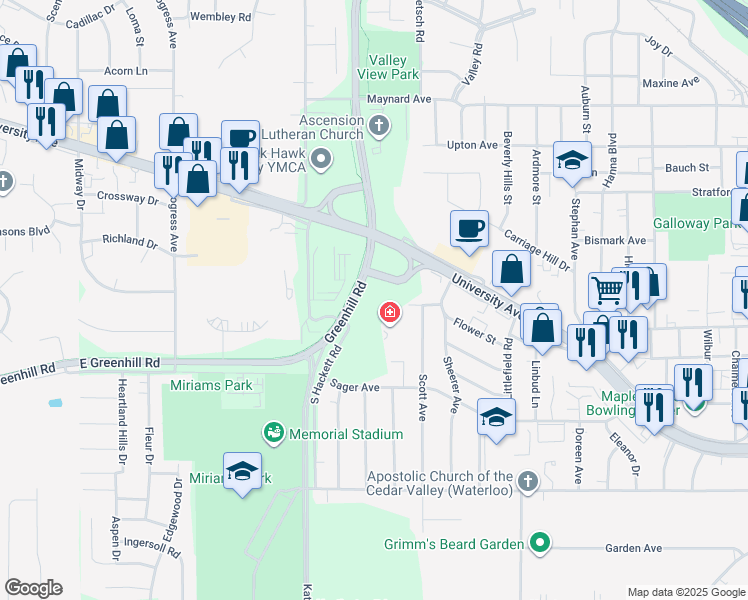 map of restaurants, bars, coffee shops, grocery stores, and more near Greenhill Road in Waterloo