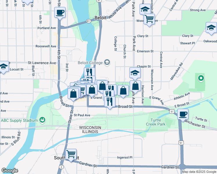 map of restaurants, bars, coffee shops, grocery stores, and more near 517 Prospect Street in Beloit