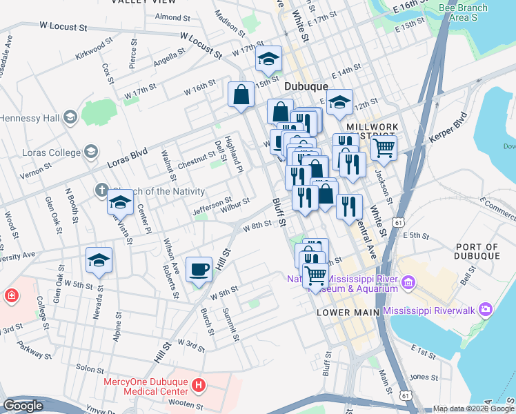 map of restaurants, bars, coffee shops, grocery stores, and more near 431 West 9th Street in Dubuque