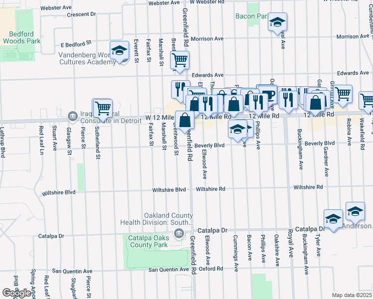 map of restaurants, bars, coffee shops, grocery stores, and more near 28575 Greenfield Road in Southfield