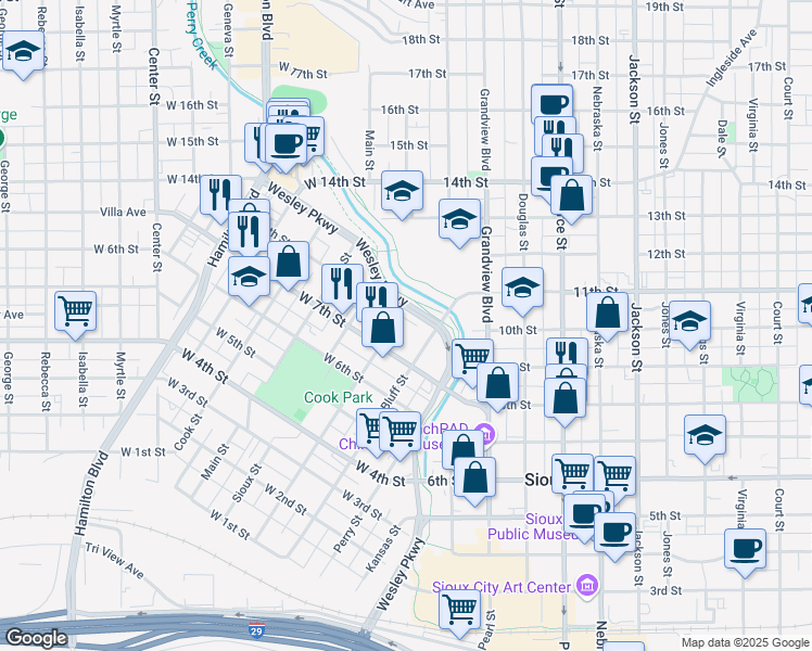 map of restaurants, bars, coffee shops, grocery stores, and more near 312 West 8th Street in Sioux City