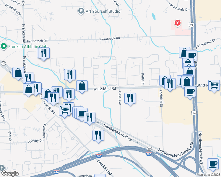 map of restaurants, bars, coffee shops, grocery stores, and more near 25550 West 12 Mile Road in Southfield