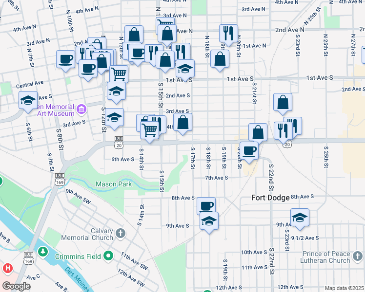 map of restaurants, bars, coffee shops, grocery stores, and more near 1601 5th Avenue South in Fort Dodge