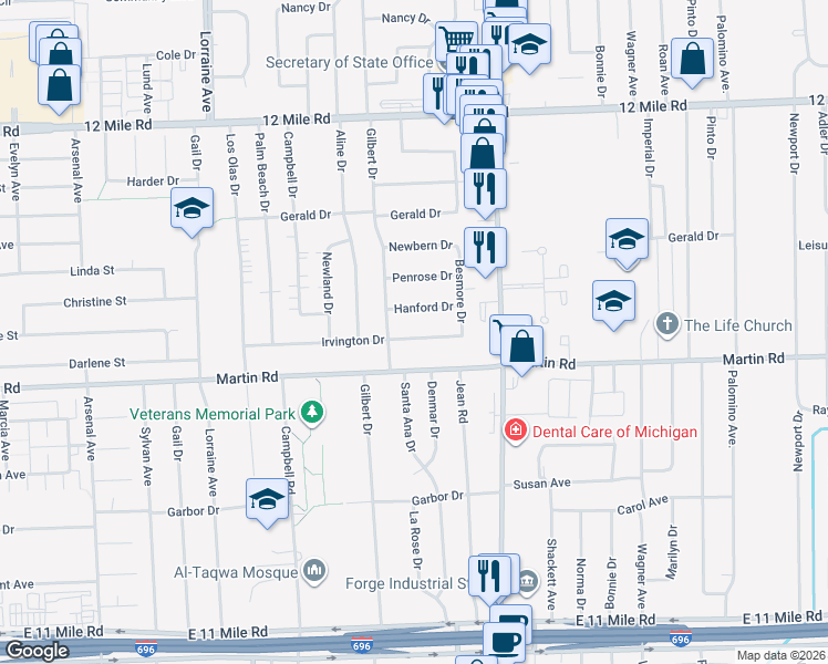 map of restaurants, bars, coffee shops, grocery stores, and more near 11453 Irvington Drive in Warren