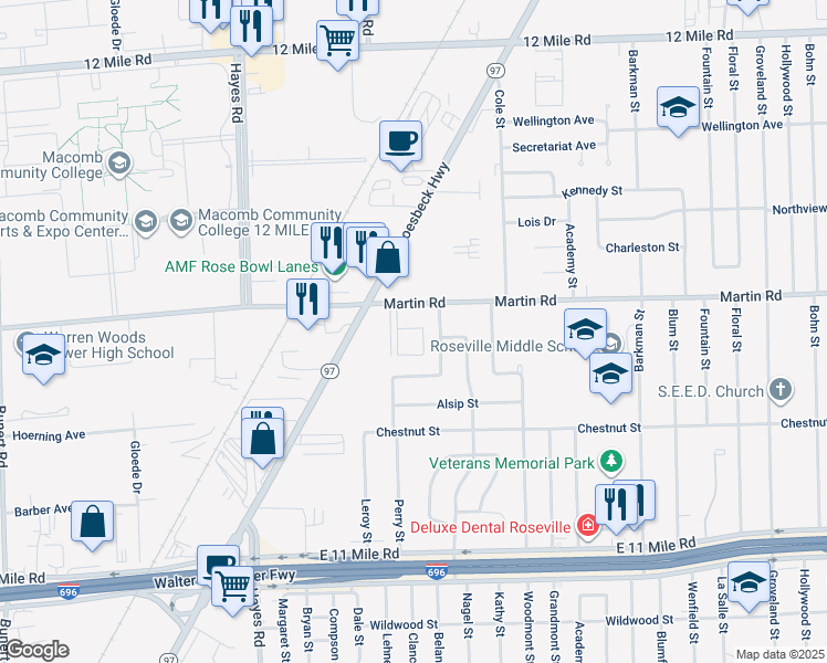 map of restaurants, bars, coffee shops, grocery stores, and more near 15724 Orchard Lane in Roseville