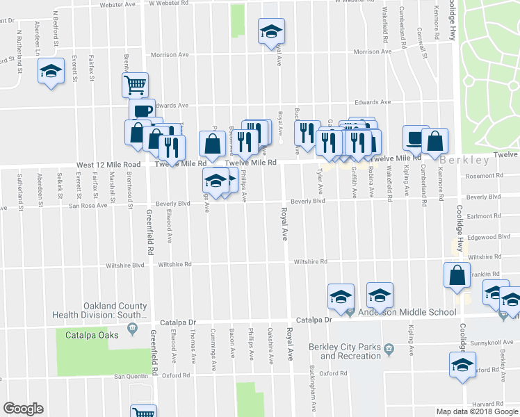 map of restaurants, bars, coffee shops, grocery stores, and more near 3175 Oakshire Avenue in Berkley