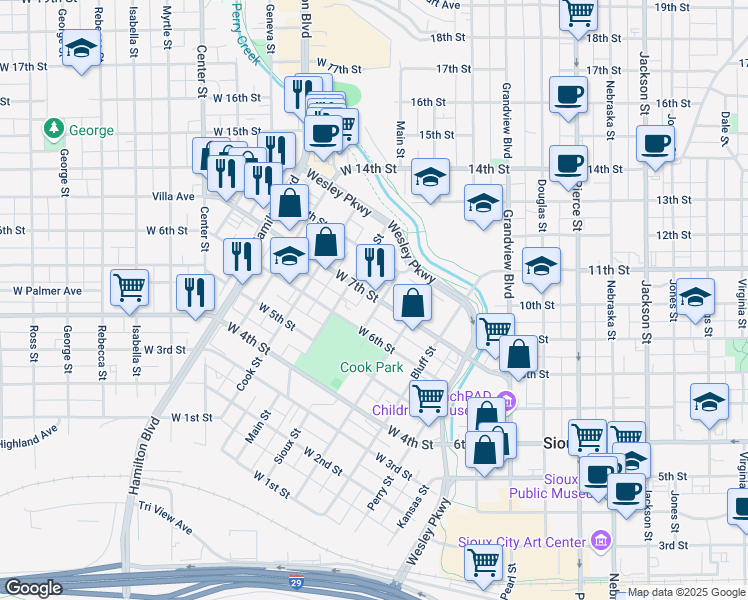 map of restaurants, bars, coffee shops, grocery stores, and more near 598 West 7th Street in Sioux City