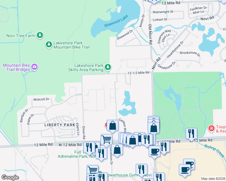 map of restaurants, bars, coffee shops, grocery stores, and more near 28439 Carlton Way Drive in Novi