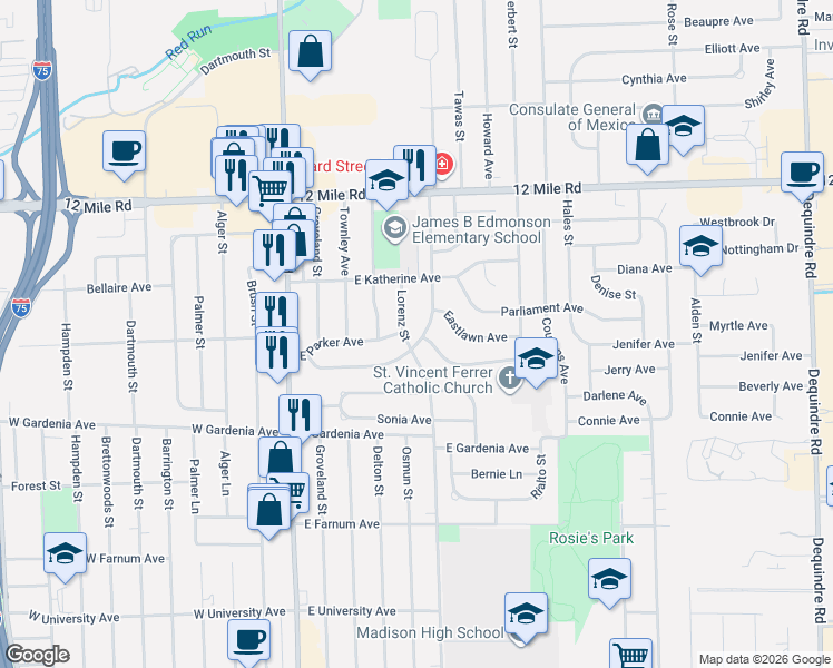 map of restaurants, bars, coffee shops, grocery stores, and more near 28424 Edward Avenue in Madison Heights