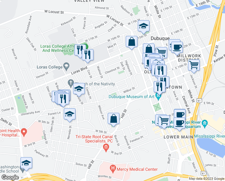 map of restaurants, bars, coffee shops, grocery stores, and more near 673 Jefferson Street in Dubuque