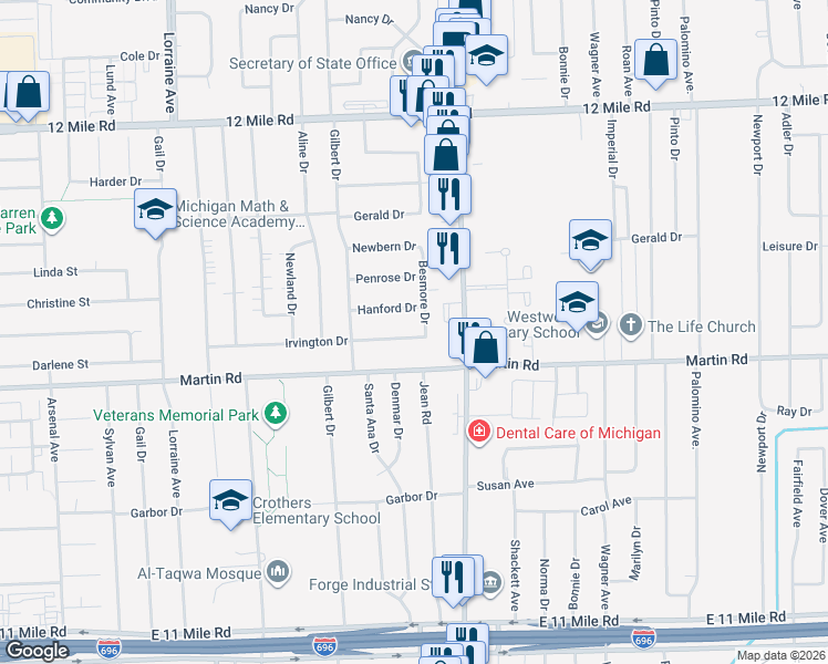 map of restaurants, bars, coffee shops, grocery stores, and more near 11535 Irvington Drive in Warren