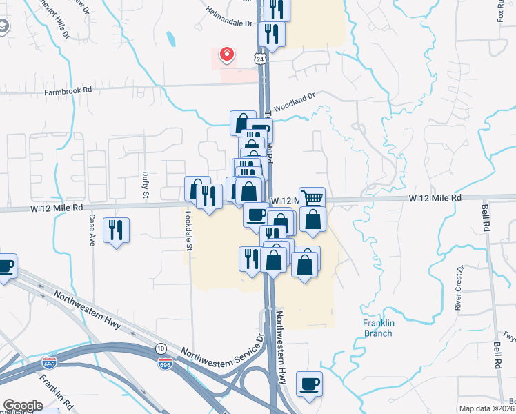 map of restaurants, bars, coffee shops, grocery stores, and more near 29001 Telegraph Road in Southfield