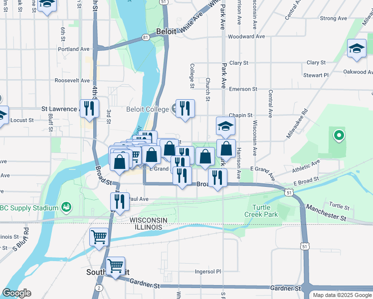 map of restaurants, bars, coffee shops, grocery stores, and more near 617 Public Avenue in Beloit