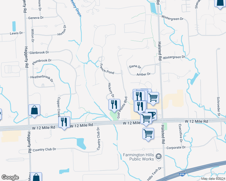 map of restaurants, bars, coffee shops, grocery stores, and more near 28074 Hickory Drive in Farmington Hills