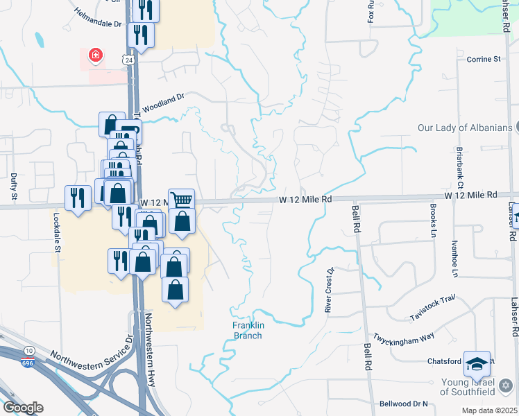 map of restaurants, bars, coffee shops, grocery stores, and more near 28895 Streamwood Lane in Southfield