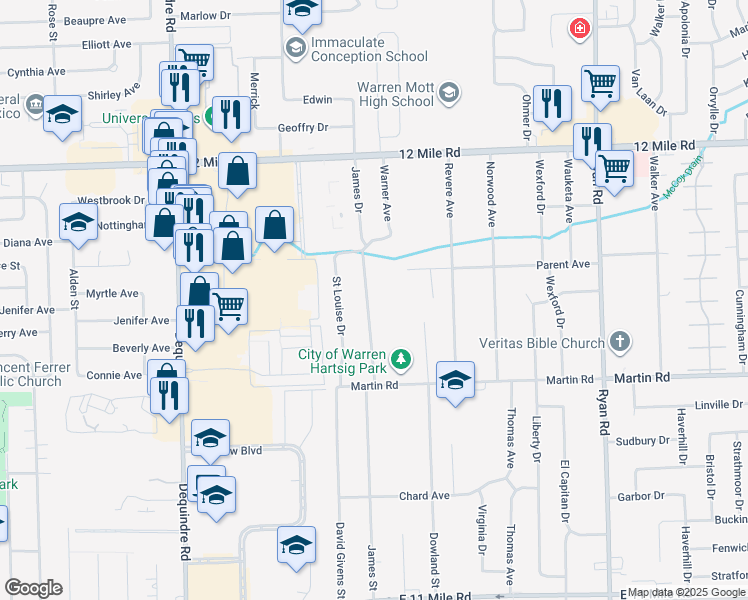 map of restaurants, bars, coffee shops, grocery stores, and more near 28329 James Drive in Warren