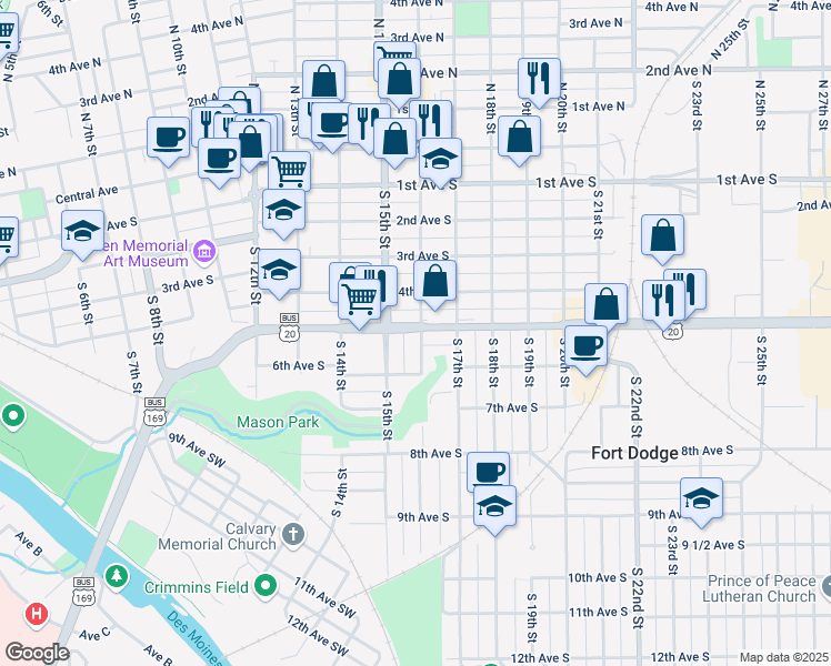 map of restaurants, bars, coffee shops, grocery stores, and more near 1601 5th Avenue South in Fort Dodge