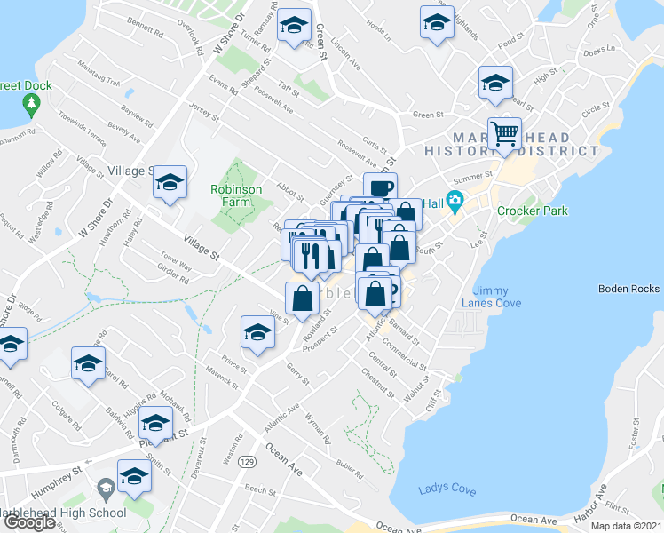 map of restaurants, bars, coffee shops, grocery stores, and more near 145 Pleasant Street in Marblehead