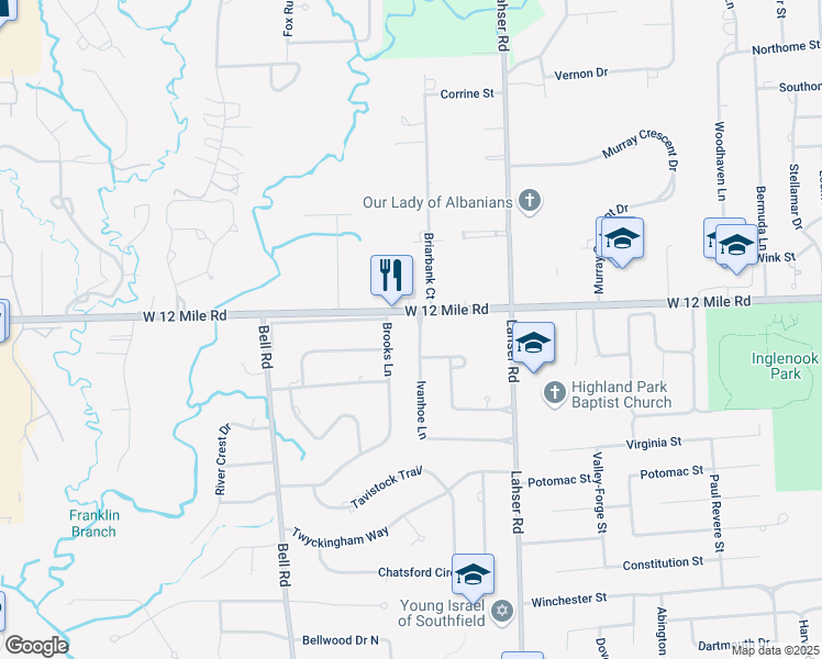 map of restaurants, bars, coffee shops, grocery stores, and more near 28950 Brooks Lane in Southfield
