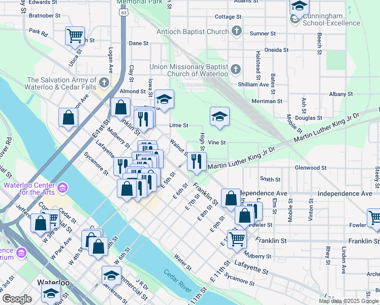 map of restaurants, bars, coffee shops, grocery stores, and more near 633 Walnut Street in Waterloo