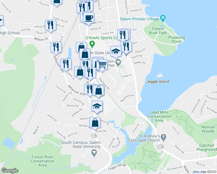 map of restaurants, bars, coffee shops, grocery stores, and more near 13 Raymond Road in Salem