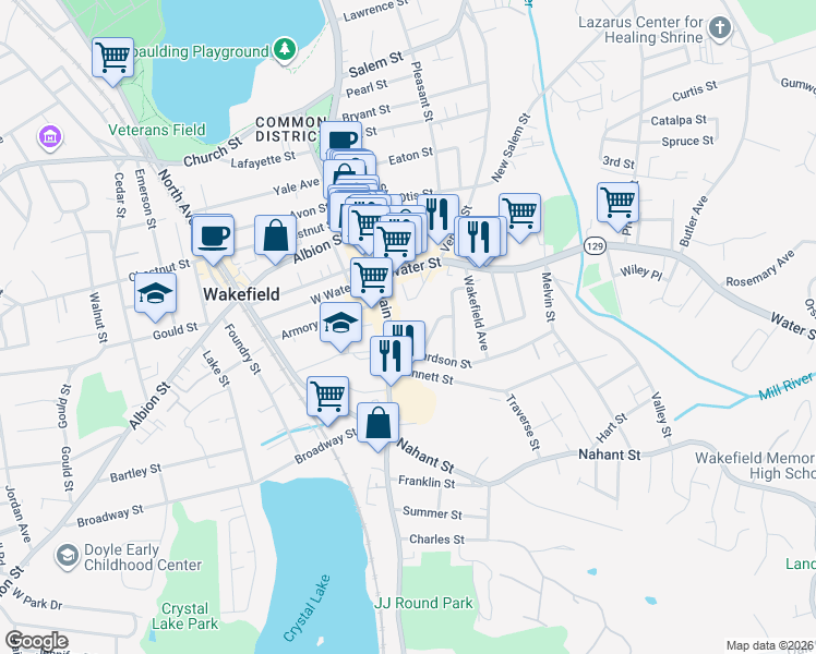 map of restaurants, bars, coffee shops, grocery stores, and more near 8 Avon Street in Wakefield