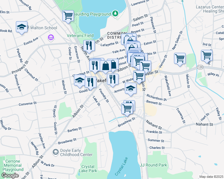 map of restaurants, bars, coffee shops, grocery stores, and more near 94 North Avenue in Wakefield
