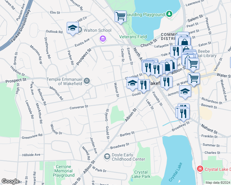 map of restaurants, bars, coffee shops, grocery stores, and more near 12 Walnut Street in Wakefield