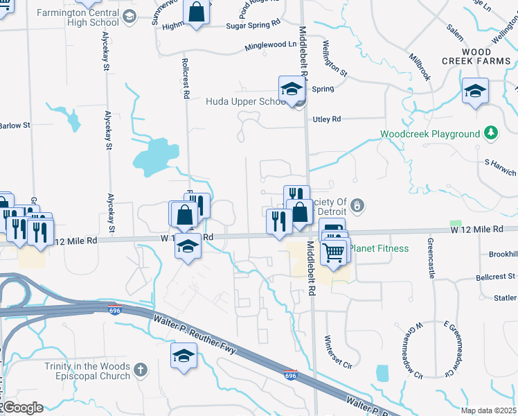 map of restaurants, bars, coffee shops, grocery stores, and more near 28075 David Street in Farmington Hills