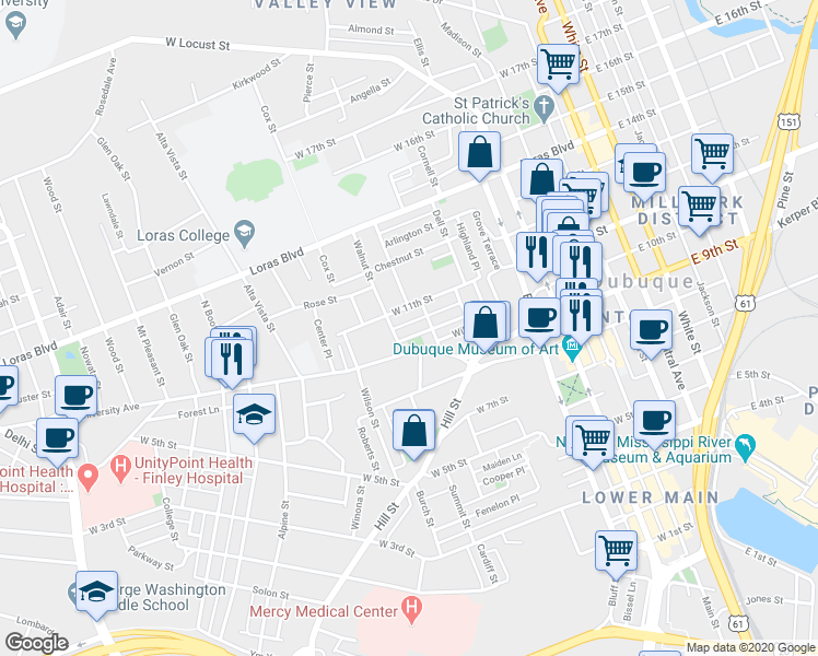 map of restaurants, bars, coffee shops, grocery stores, and more near 1088 Walnut Street in Dubuque